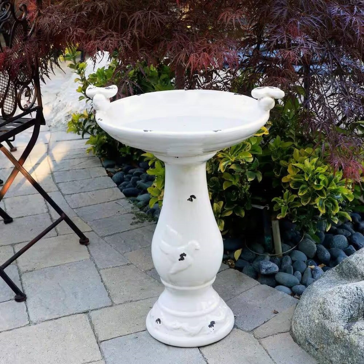 Off-White Ceramic Birdbath with Light-Brown Antique Finish and Solar Powered Weatherproof